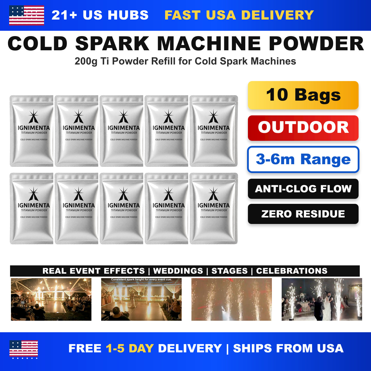 10 Pack Outdoor 3-6M Cold Spark Machine Ti Powder for DJ Wedding Stage Effect