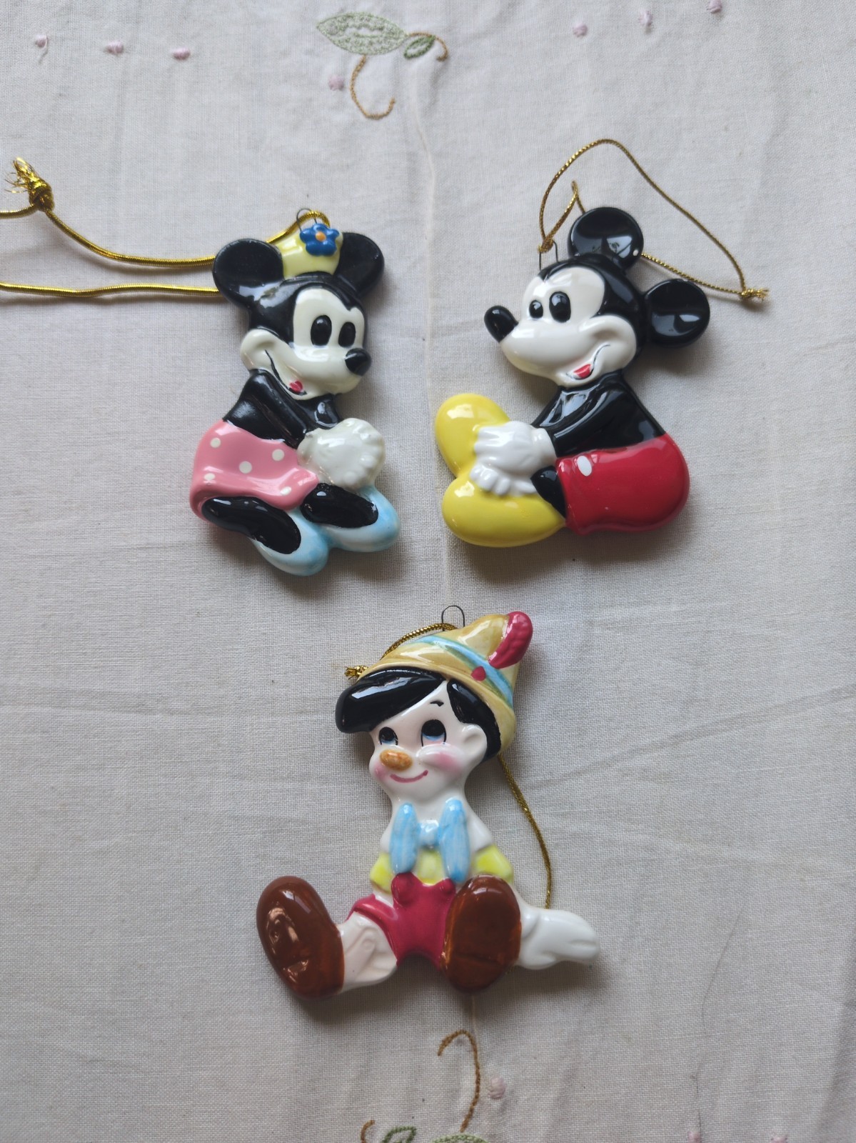 Vtg Schmid Disney Sitting Mickey, Minnie Mouse And Pinocchio Ceramic Ornaments Vtg Schmid Disney Sitting Mickey, Minnie Mouse And Pinocchio Ceramic Ornaments