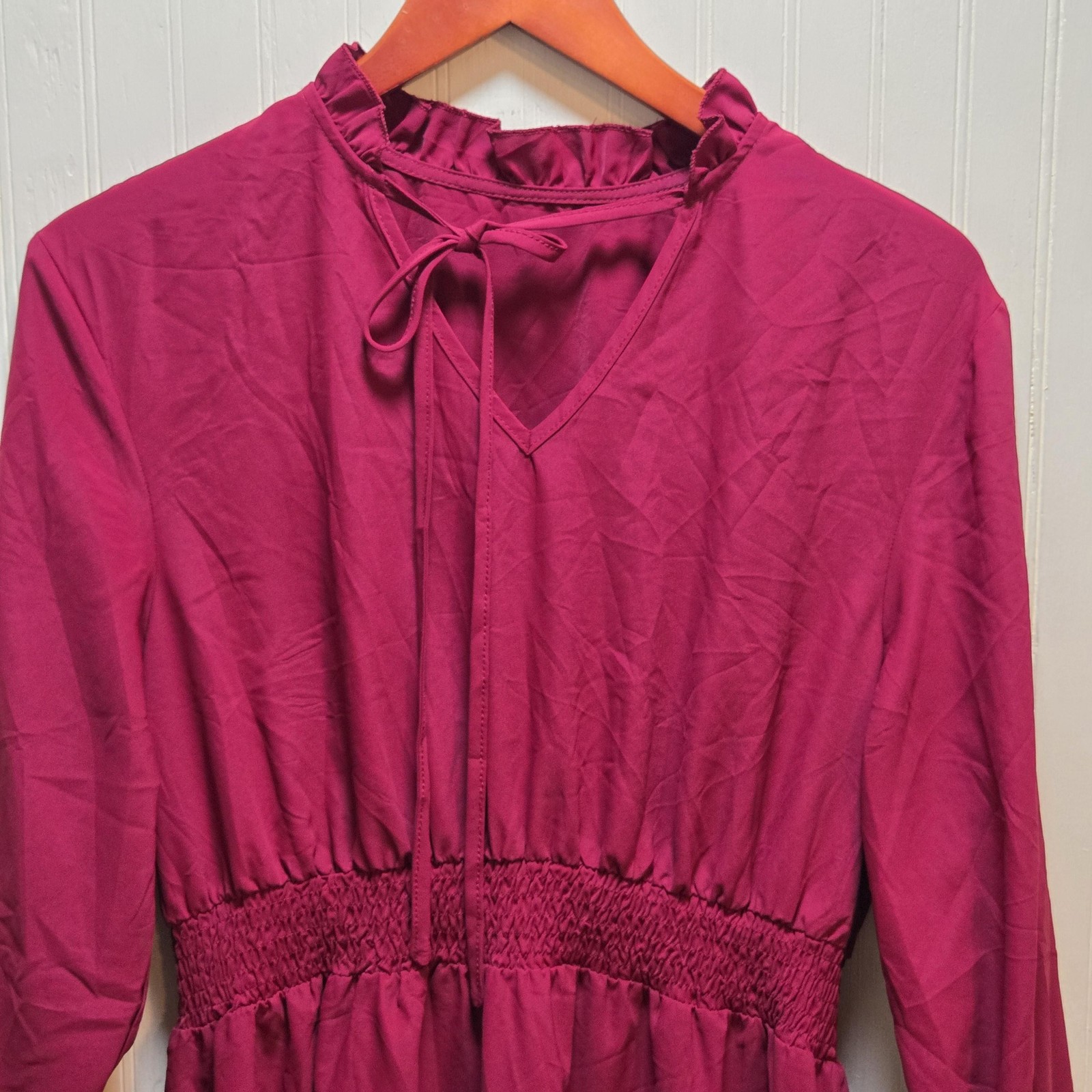 SheIn Dress Womens 0XL Red Smocked Waist Ruffle Long Sleeve V Neck Knee Length