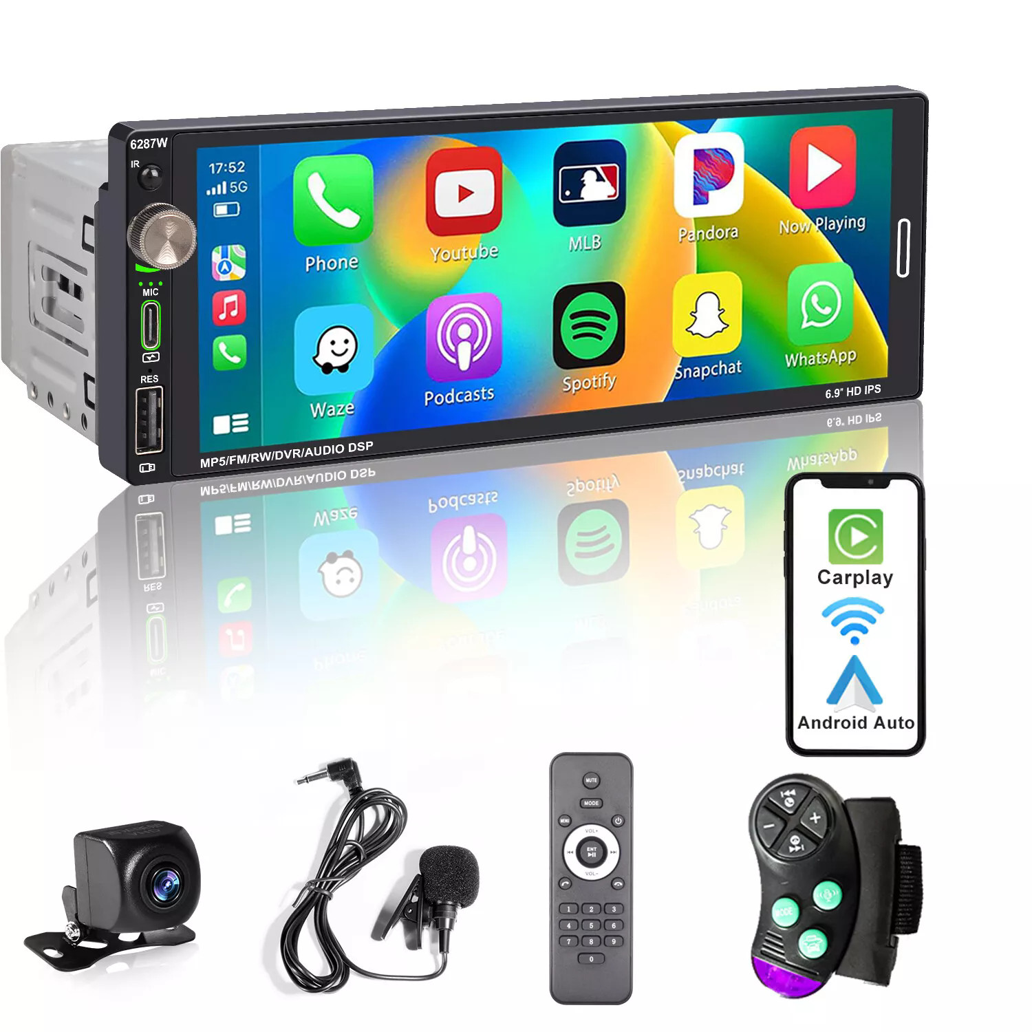 6.9 Single Din Car Stereo Wireless Apple CarPlay Bluetooth touchscreen Radio USB