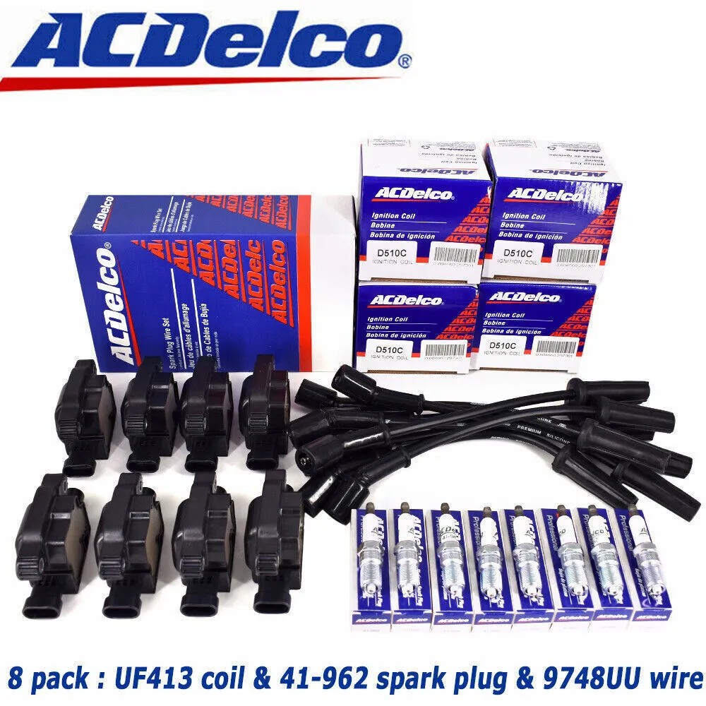 8 PACKs AcD UF413 Ignition Coil + 41-110 Spark Plug + 9748UU Wire GMC OEM. 8 PACKs AcD UF413 Ignition Coil + 41-110 Spark Plug + 9748UU Wire GMC OEM.