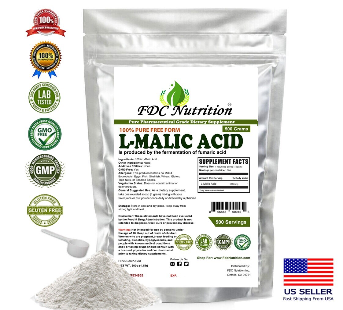 High Quality Pure L- Malic Acid Powder 1 LB (500g) - Gluten Free, Non-GMO