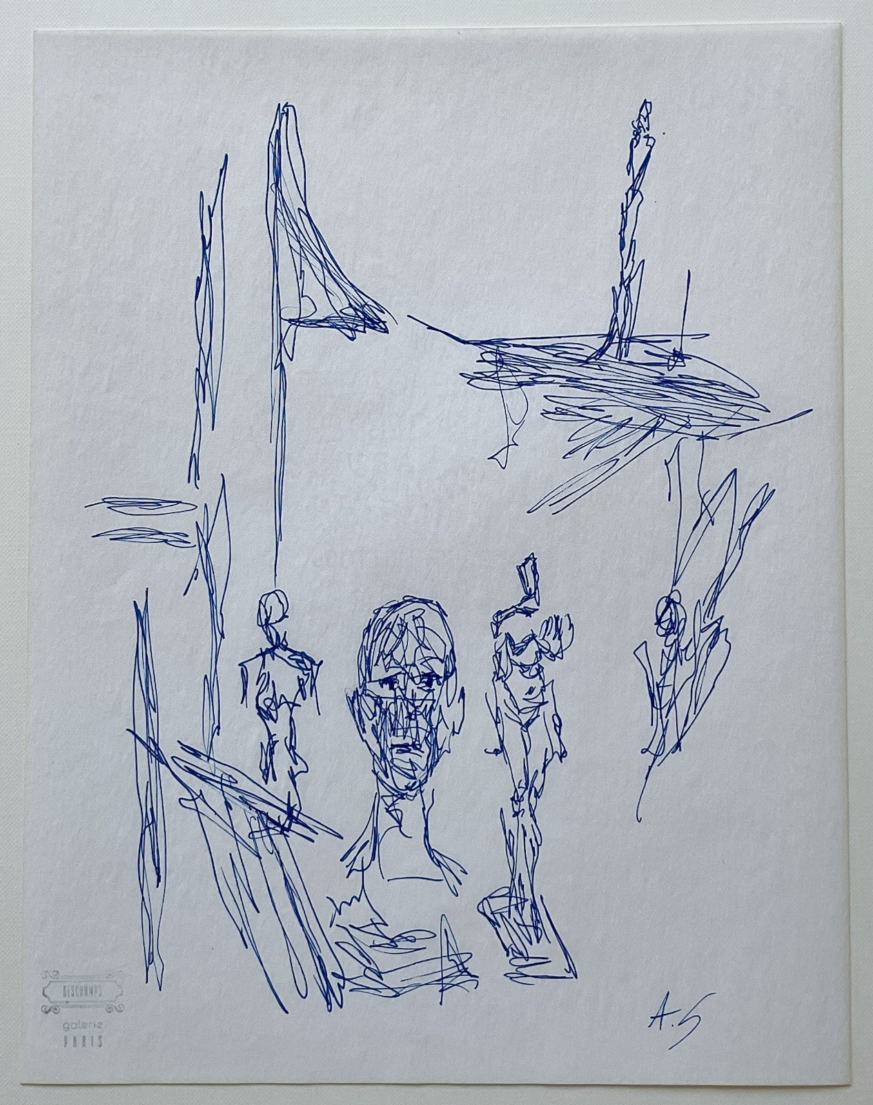 Vintage French Expressionist Blue Ink Drawing Mid Century Modern Figures Study