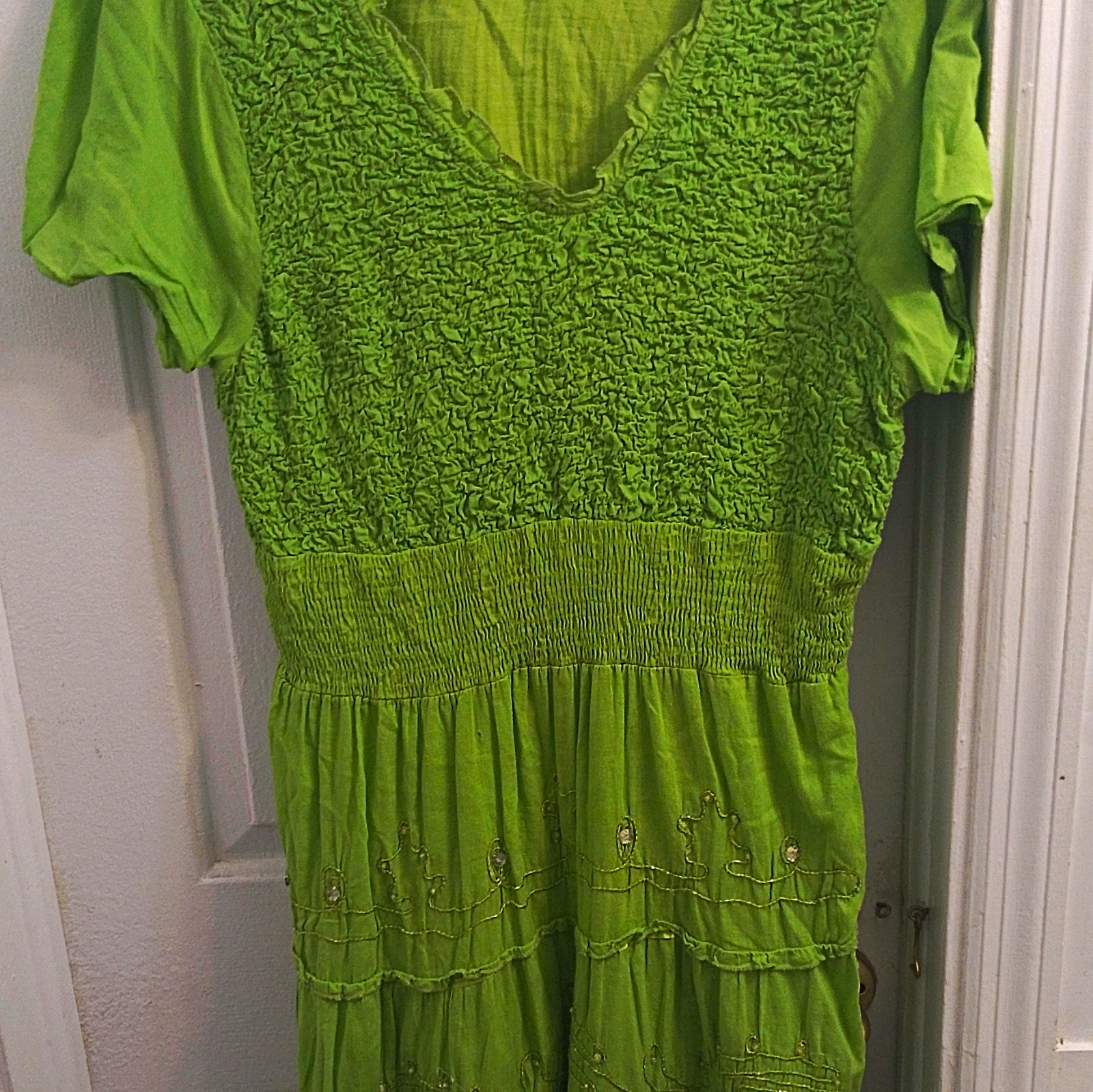 Signature Plus 2X Green Solid Maxi Dress Smocked V-Neck Short Sleeve Cotton