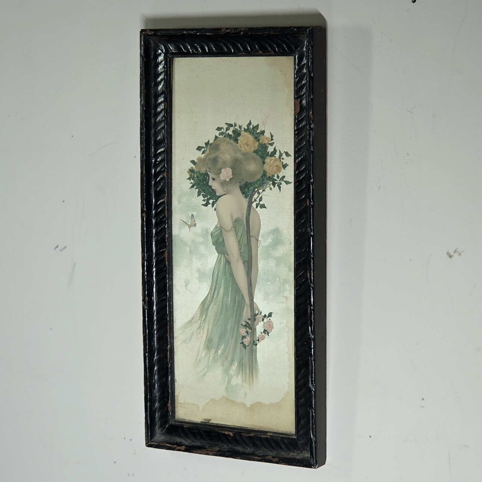 Raphael Kirchner Art Nouveau Framed Textile K3 Girls Amid Plants Antique c1900