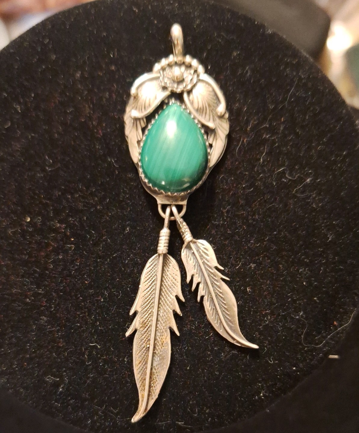 VINTAGE NAVAJO Sterling Silver Malachite Dangle Feather Pendant 3 inch  Signed R