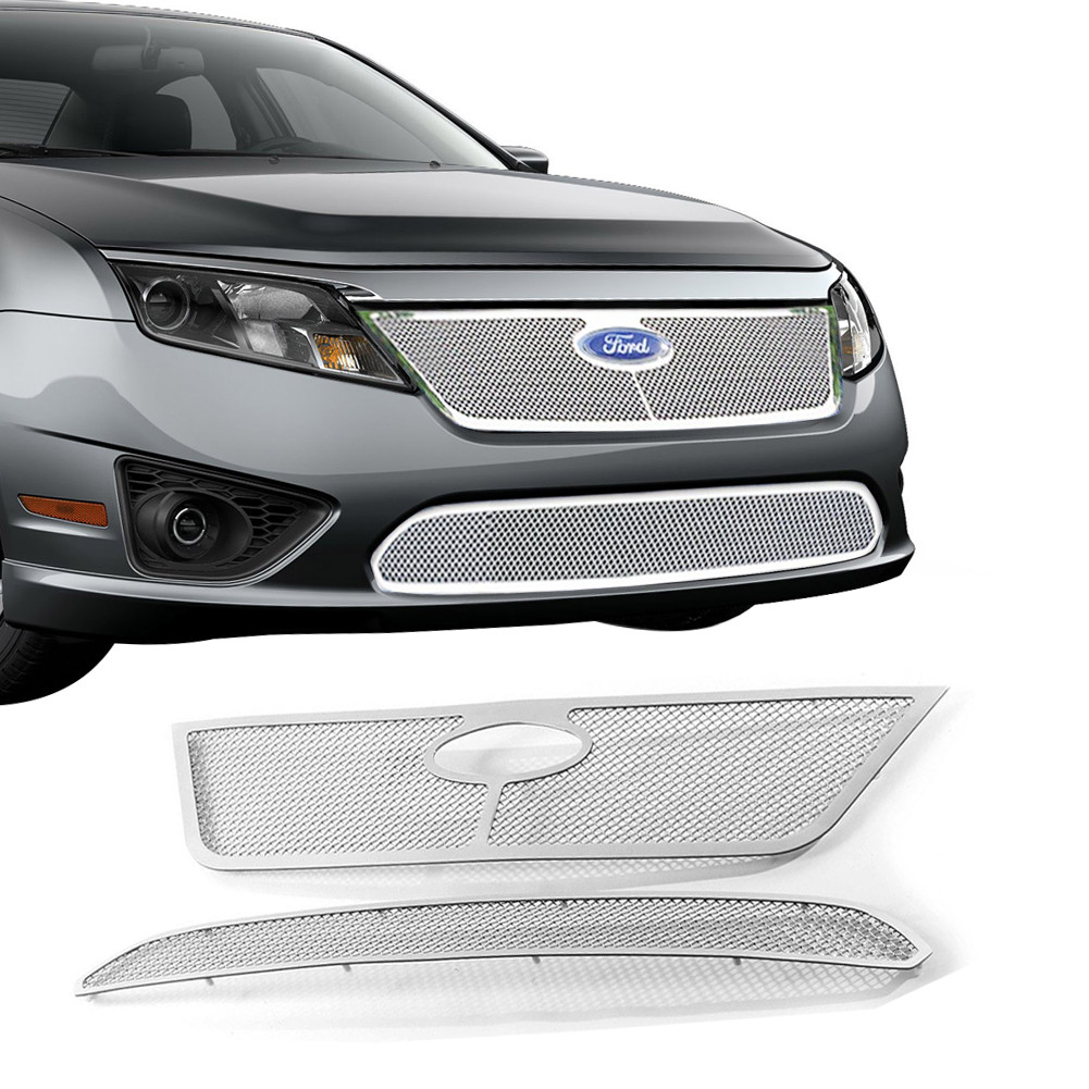 Fits 2010-2012 Ford Fusion Stainless Steel Upper Lower Chrome Mesh Grille Insert