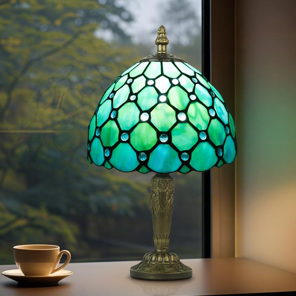 Crefotu 8 Inch Small Tiffany Style Table Lamp, Blue Stained 8 inches,
