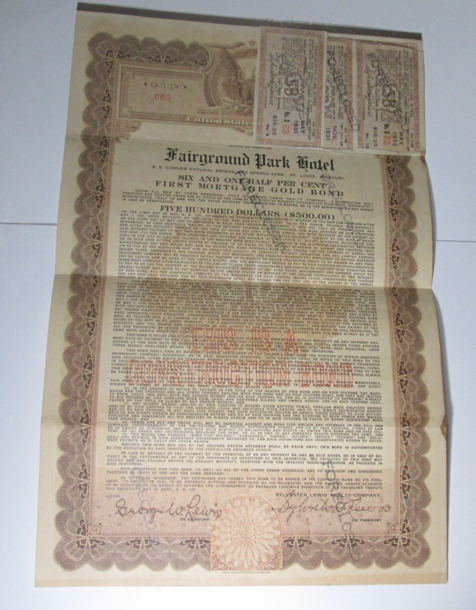 Original 1931 Foreclosed Mortgage Fairground Park Hotel St. Louis Missouri