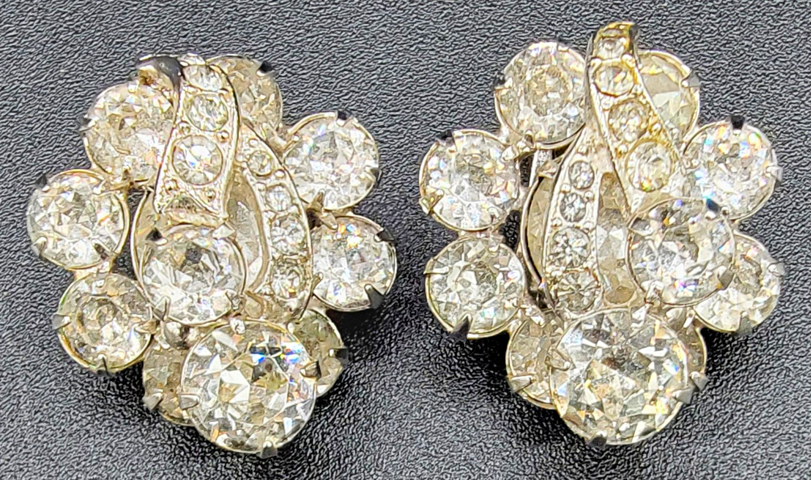 Vintage Signed Eisenberg Silver Tone Clear Rhinestone Cluster Clip On Earrings