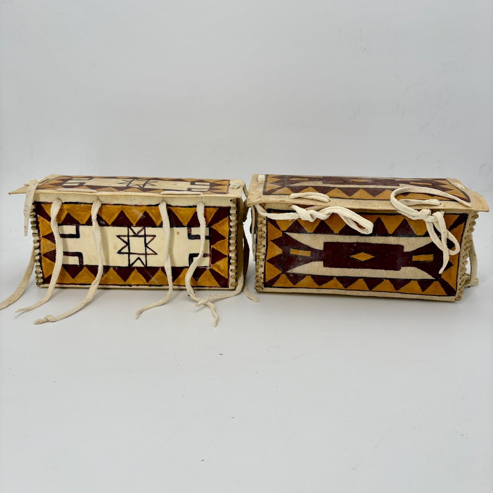 Arapaho Parfleche Boxes Pair Handpainted 12x8x4 Yellow Maroon Brown Geometric