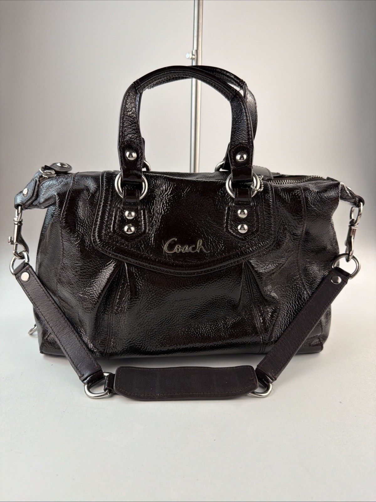 Coach Ashley Leather North South Satchel Handbag F20460 Brown Patent Leather Coach Ashley Leather North South Satchel Handbag F20460 Brown Patent Leather