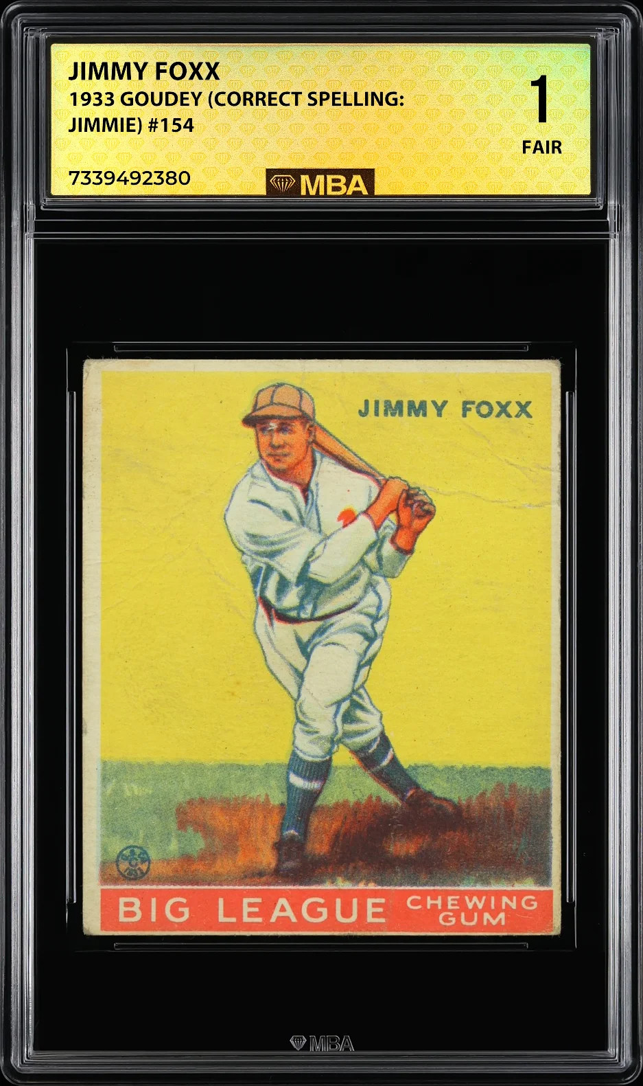 1933 Goudey Jimmy Foxx #154 (Correct Spelling: Jimmie) MBA 1