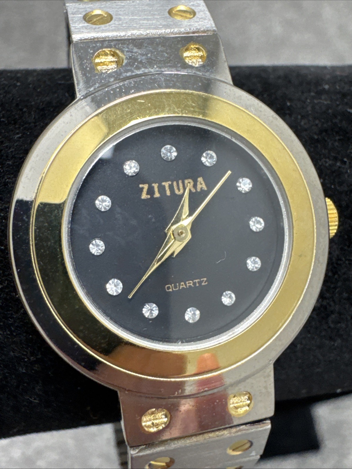 Vintage Zitura Quartz Two-Tone Gold Tone Screw Head Twelve Crystal Markers Watch