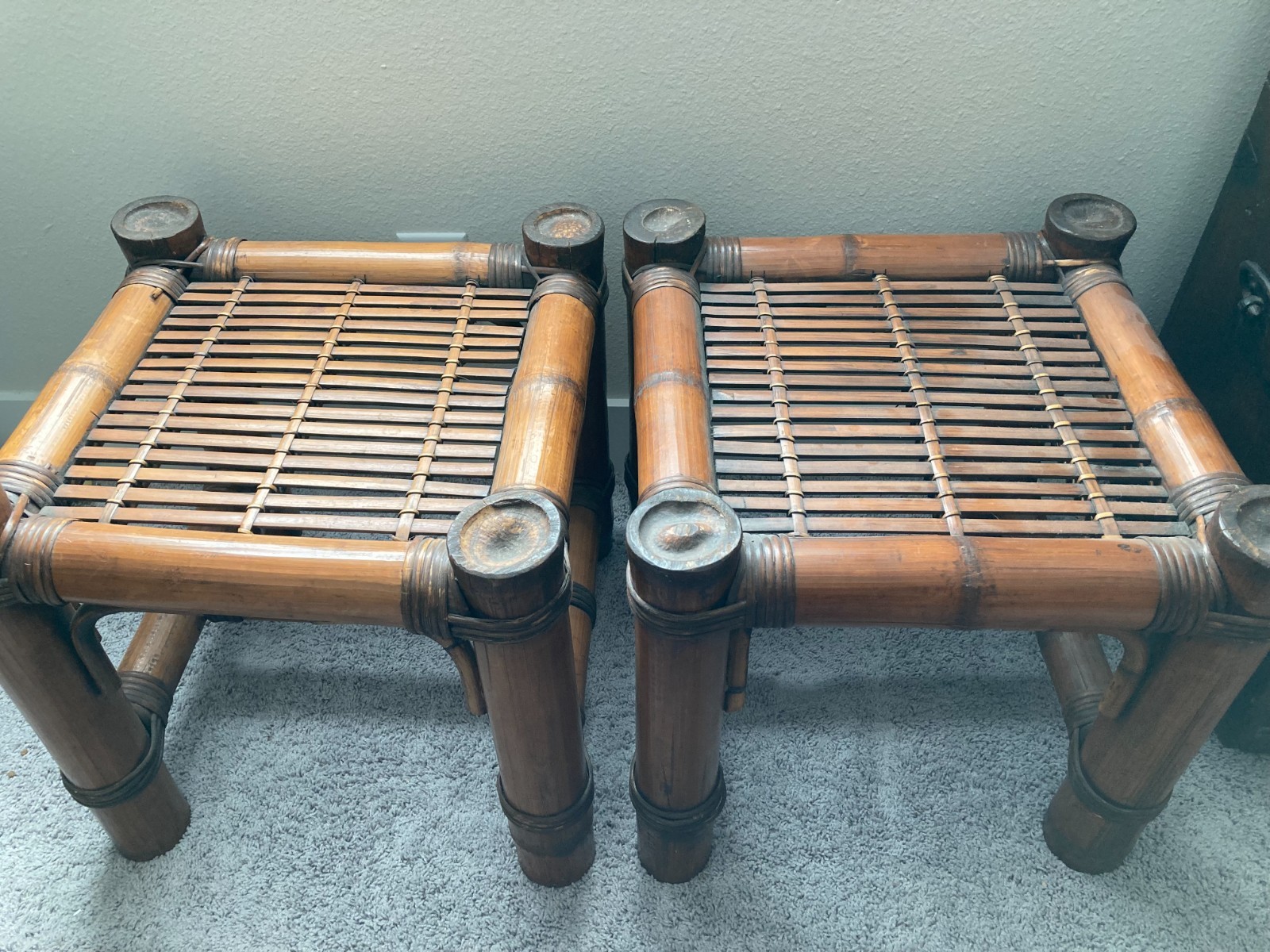 Pair Vintage Chineses Mid-Century Bamboo Tortoise Rattan Stools Boho Benches Pair Vintage Chineses Mid-Century Bamboo Tortoise Rattan Stools Boho Benches