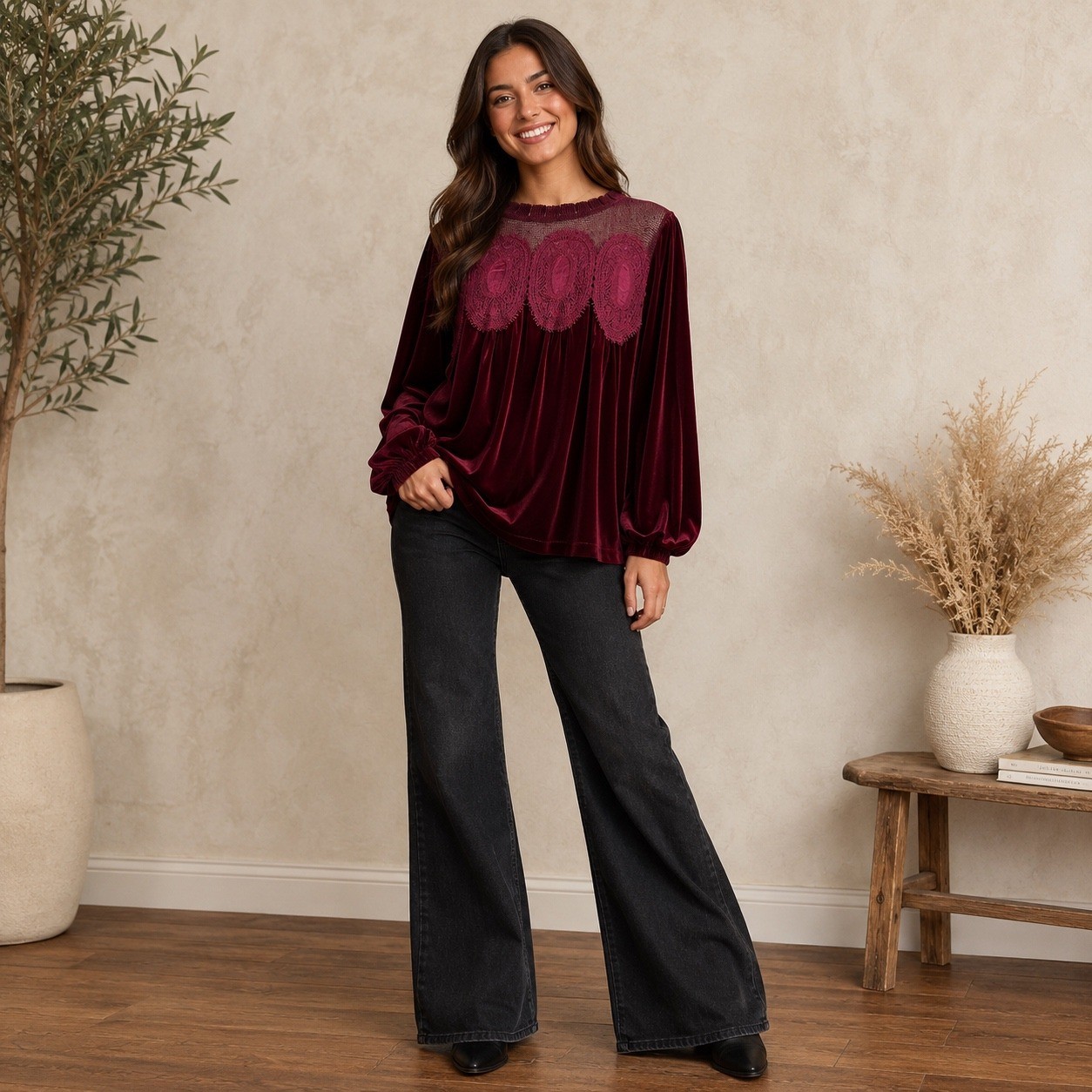Womens Burgundy Velvet Lace Crochet Boho Babydoll Blouse Top Medium NWOT