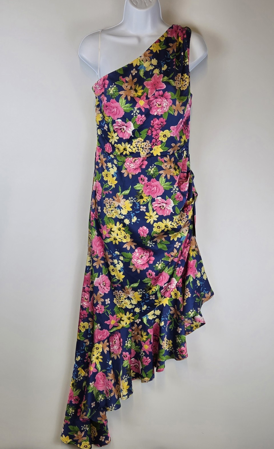 Lulus Divinely Blooming Blue Floral Midi Dress Size M One Shoulder Satin NWT Lulus Divinely Blooming Blue Floral Midi Dress Size M One Shoulder Satin NWT