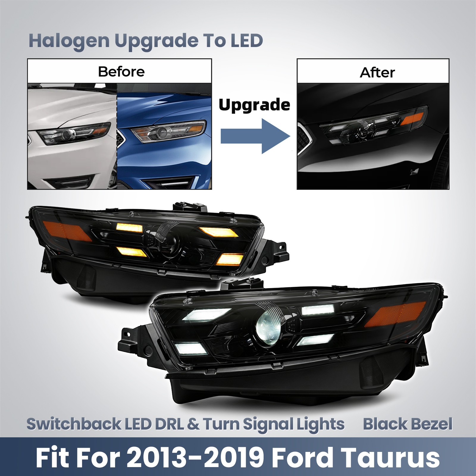 For 2013-2019 Ford Taurus Halogen Upgrade To LED Headlight Black Left+Right Pair For 2013-2019 Ford Taurus Halogen Upgrade To LED Headlight Black Left+Right Pair