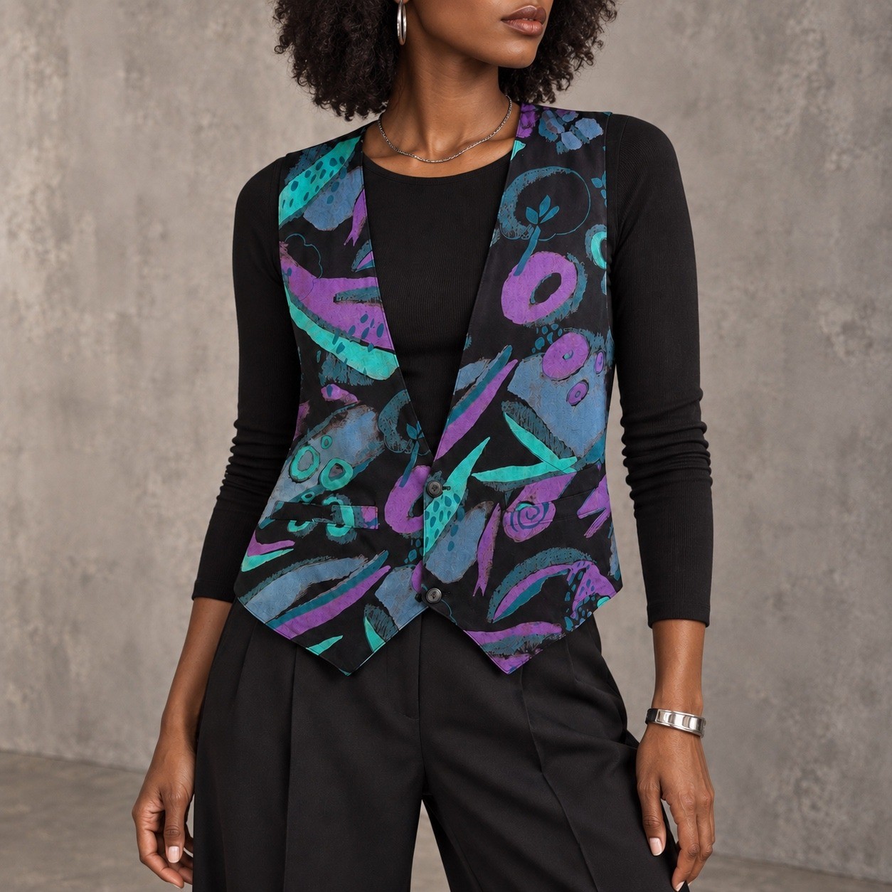 L 197 Vintage 80s 90s Attitudes Abstract Print Vest Teal Purple New Wave Artsy