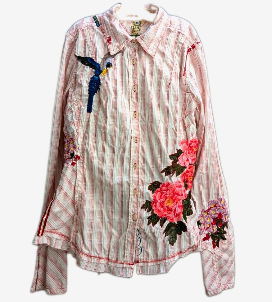 M Women\'s whimsy Striped Embroidered Button-Up blouse, Johnny Was 3J Workshop 