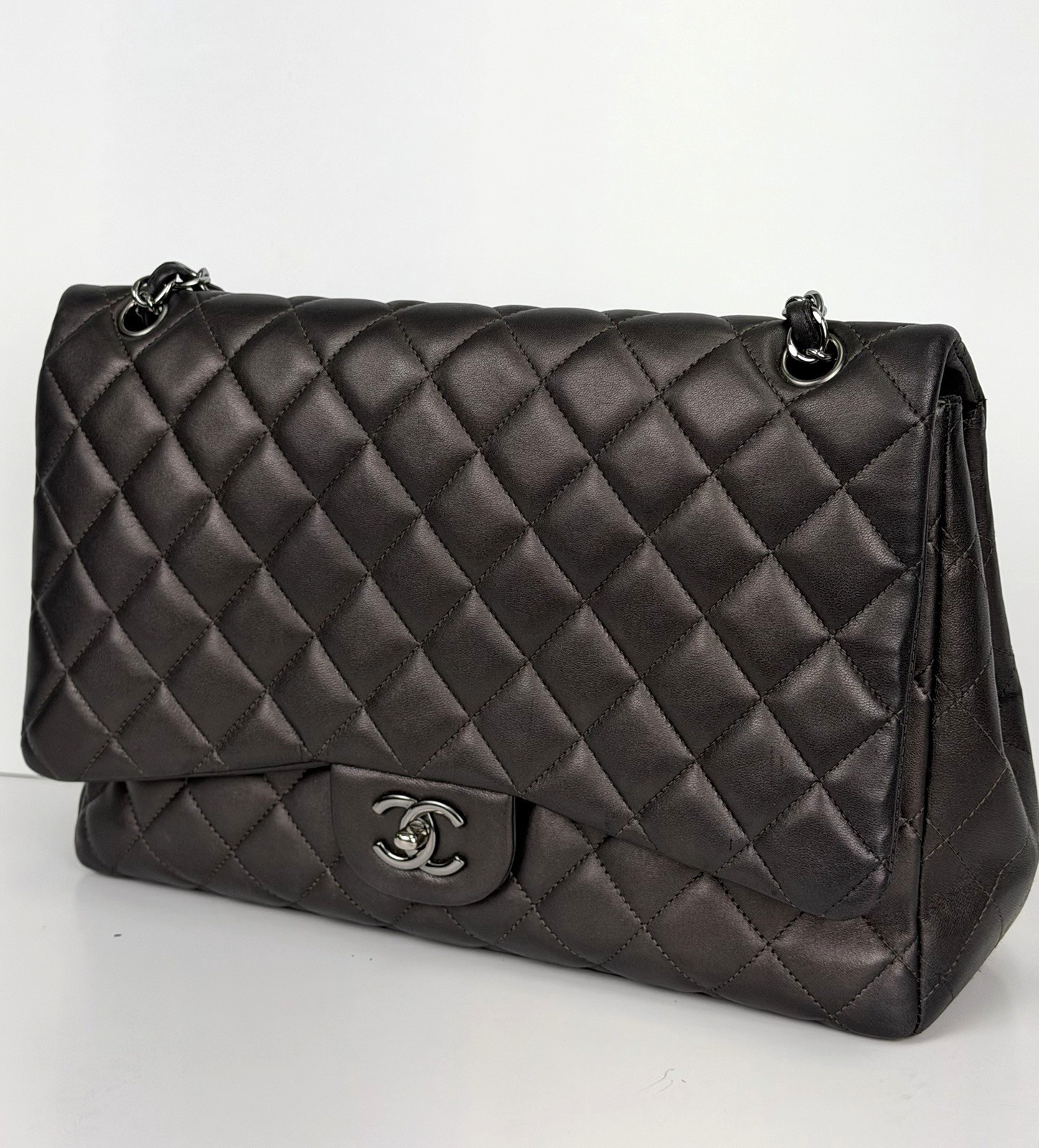Chanel Classic Flap Bag Maxi in Metallic Dark Grey Quilted Leather 2009-2010 F-3