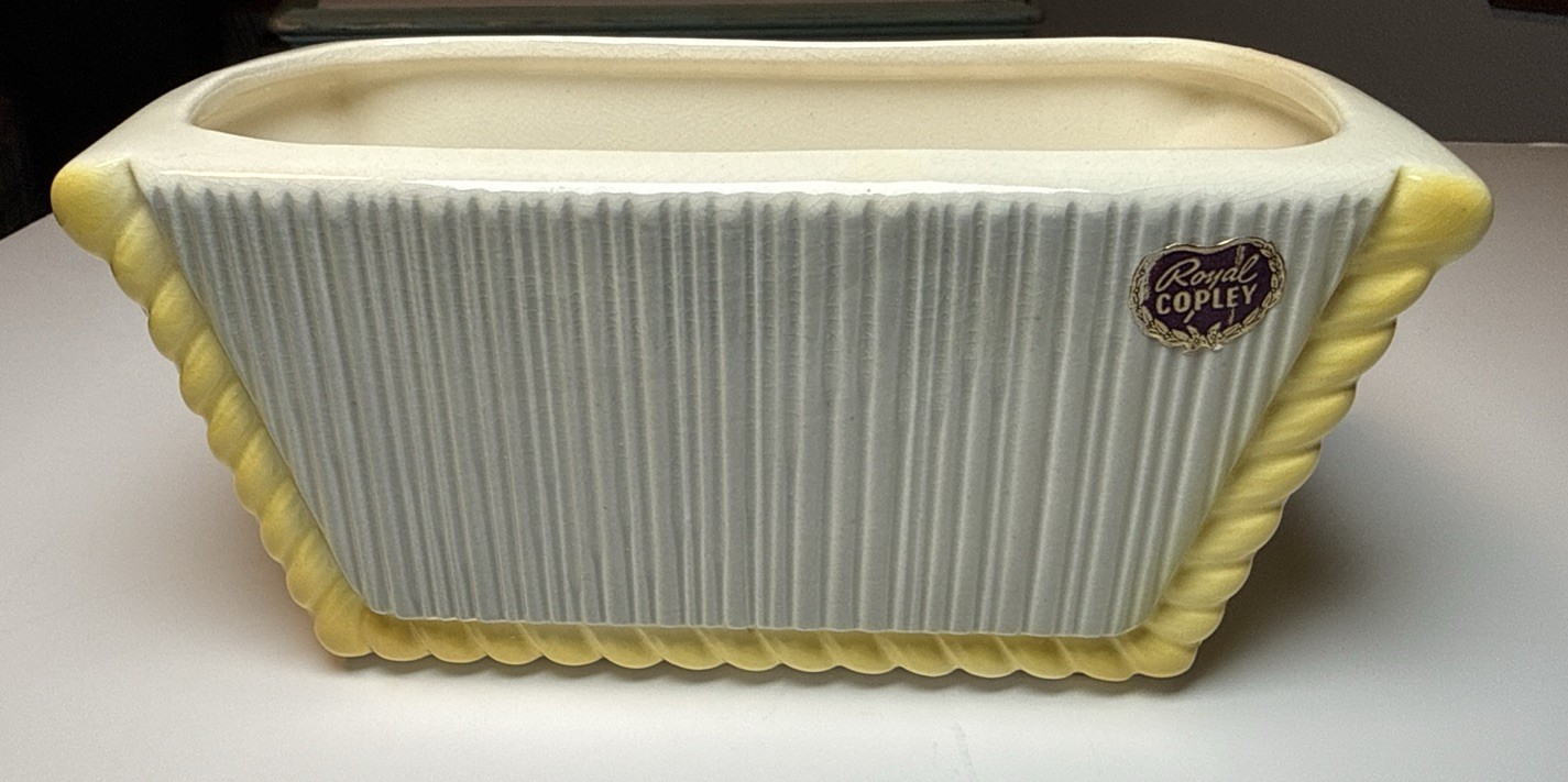 Vintage Royal Copley Ribbed Rectangular Planter, Ivory and Yellow Gray MCM