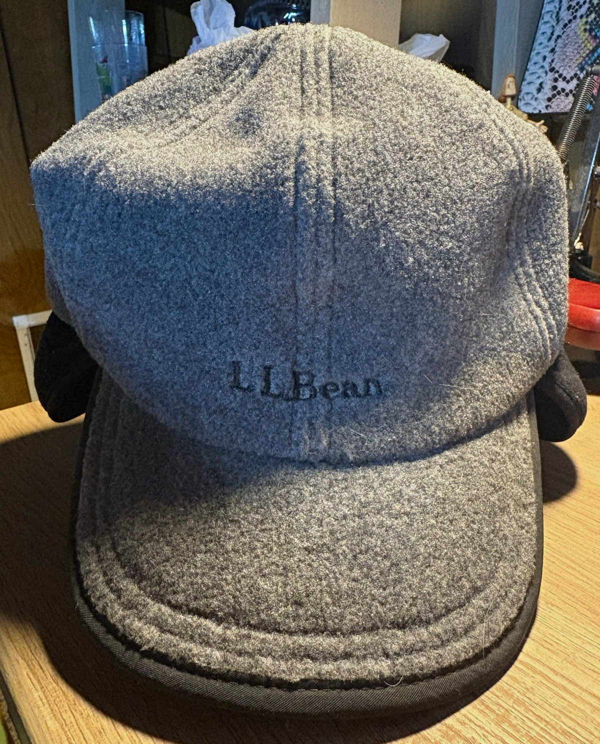 Vintage L.L. Bean Polartec Fleece Ear Flap Hat Cap Grey Black Strapback L/XL