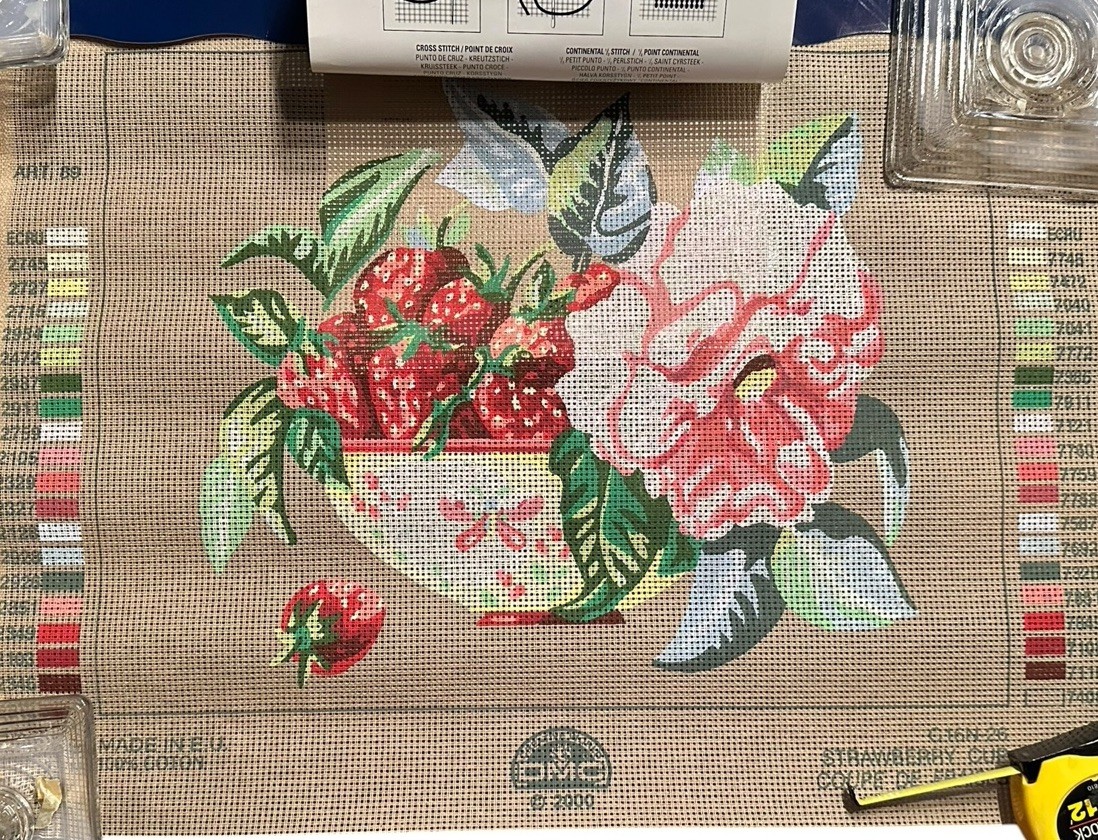 Vintage Needlepoint Hand painted Canvas Strawberry Cup Made In France By DMC Vintage Needlepoint Hand painted Canvas Strawberry Cup Made In France By DMC