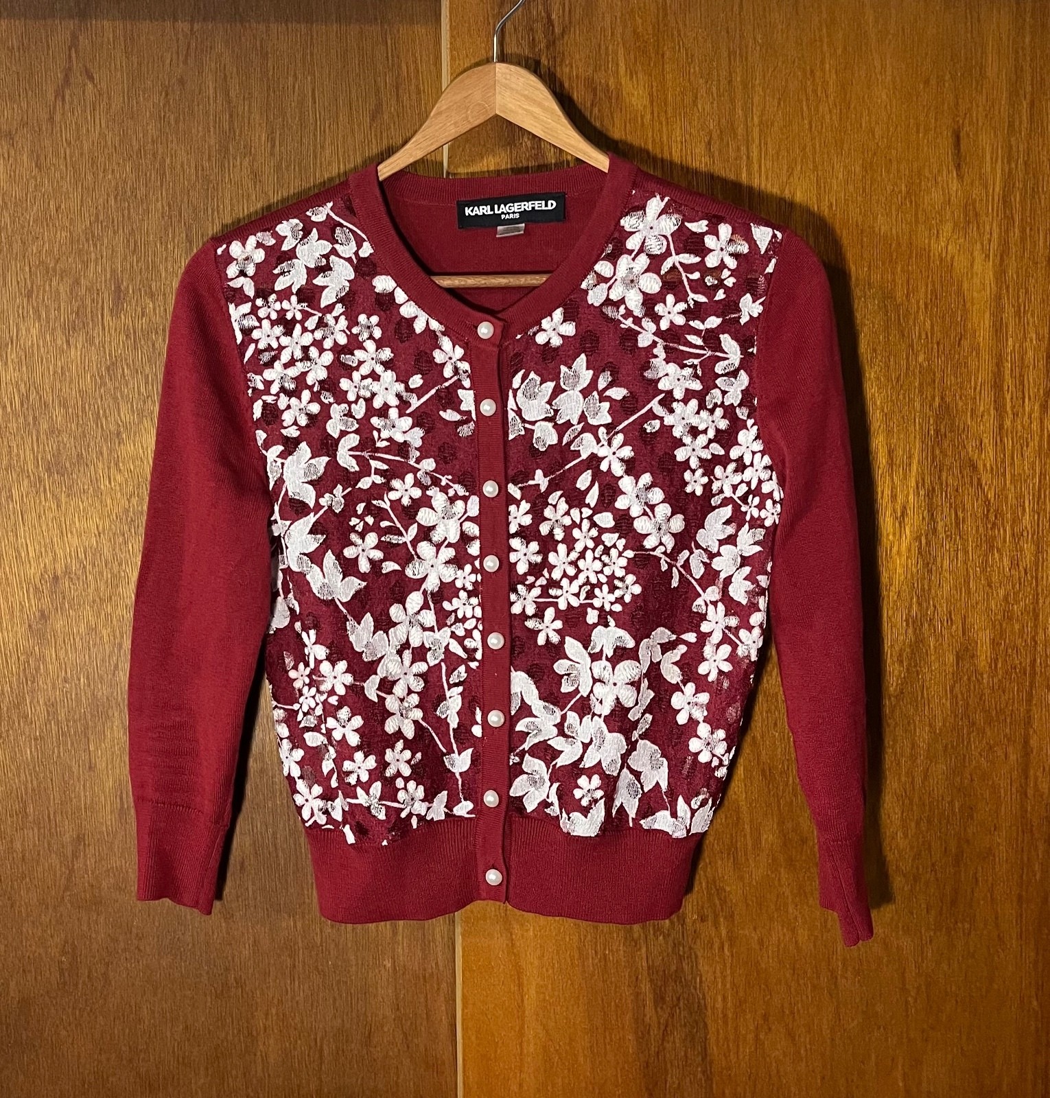 Karl Lagerfeld Red & White Floral Cardigan Sweater Sz XS