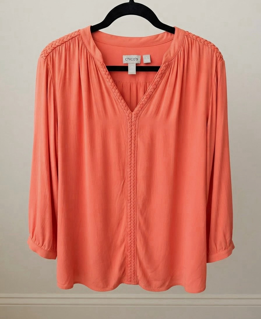 Chico\'s Women’s Orange Solid V-Neck 3/4 Sleeve Pullover Blouse 2XL Trim