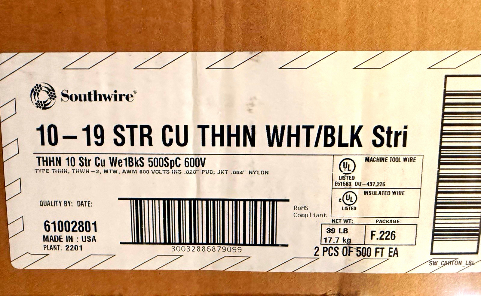 Southwire 61002801 10 AWG Stranded Copper THHN Wire White/Black 500 FT 600V