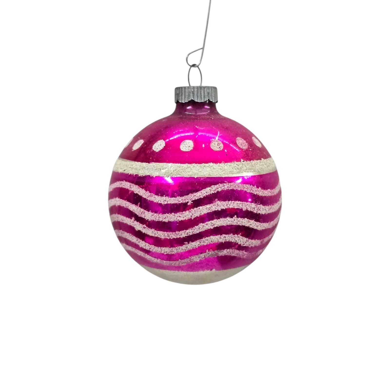 Vtg SHINY BRITE Glass Christmas Ornament Fuchsia Pink Wavy Mica 10Cent Cap 2.75\