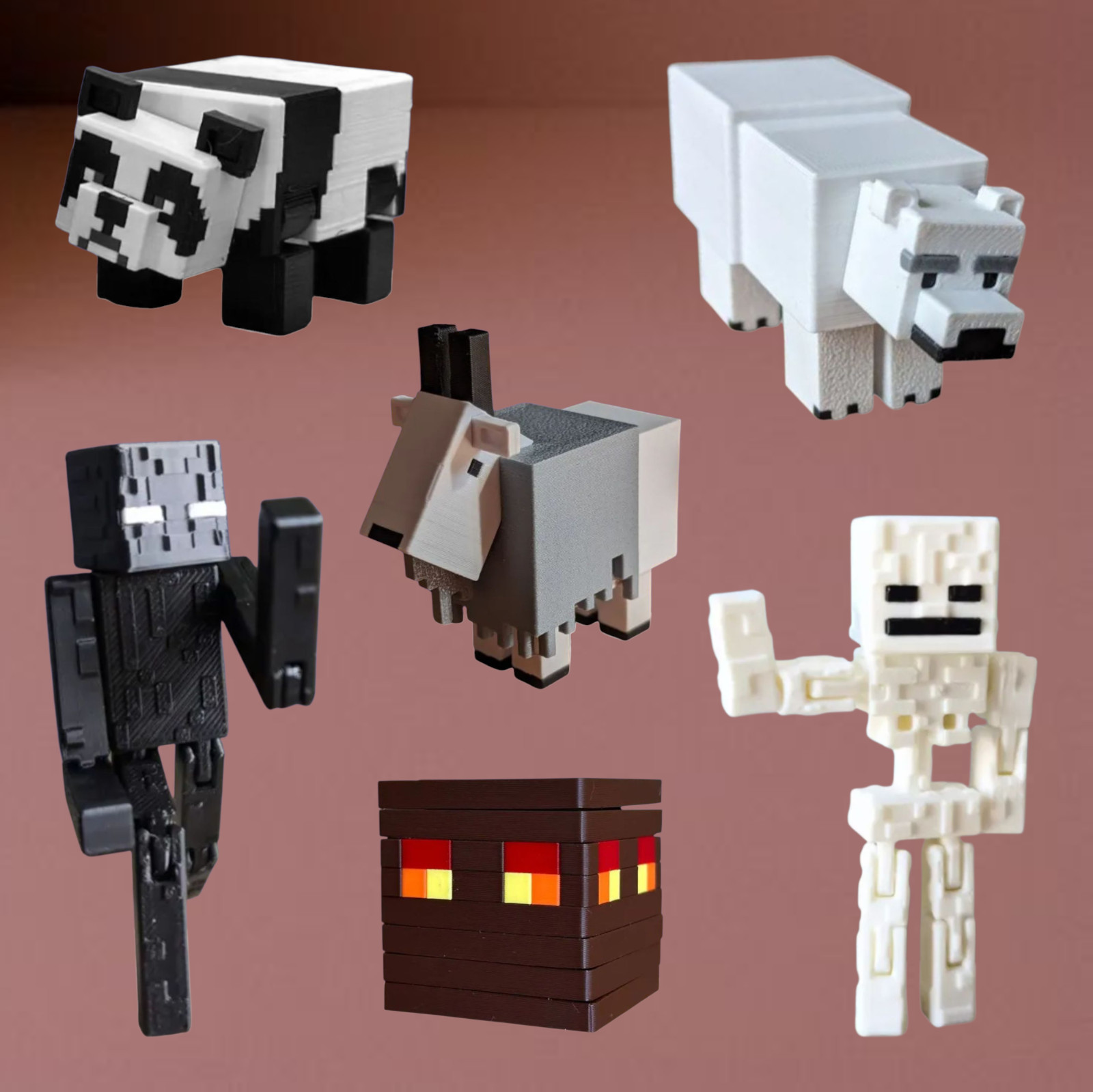 Articulated Panda, Polar Bear, Goat, Magma Cube, Enderman, Skeleton, 3D Printed