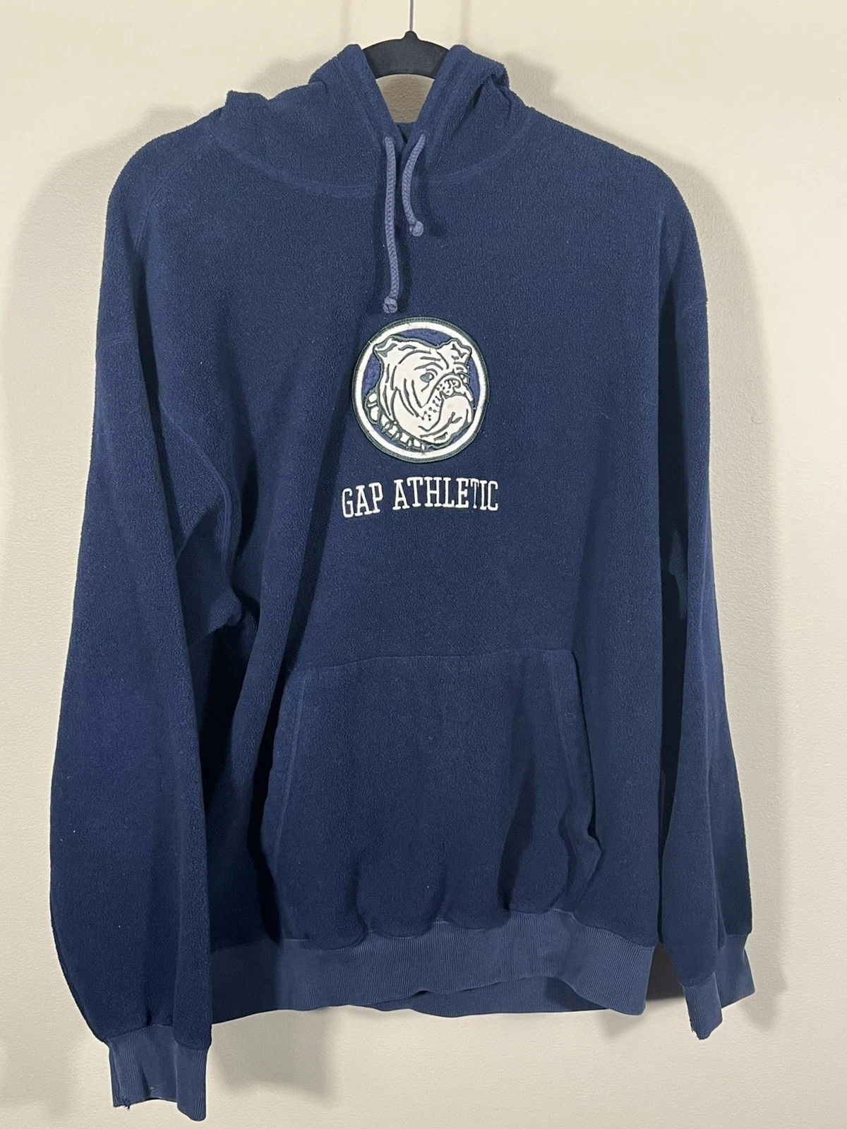Vintage 90s Y2K GAP Athletic Fleece Hoodie Sweatshirt Bulldog Large Blue (A)