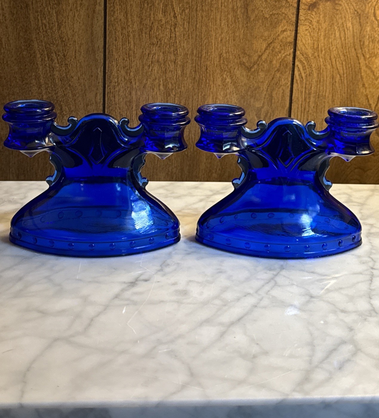 Vintage Pair L.E. Smith Blue Cobalt Glass Mount Pleasant Double Candle Holders