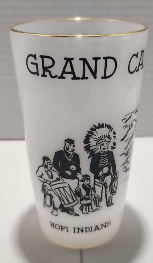 Vintage Grand Canyon Arizona Hopi Indians Milk Glass Tumbler Gold Rim Souvenir
