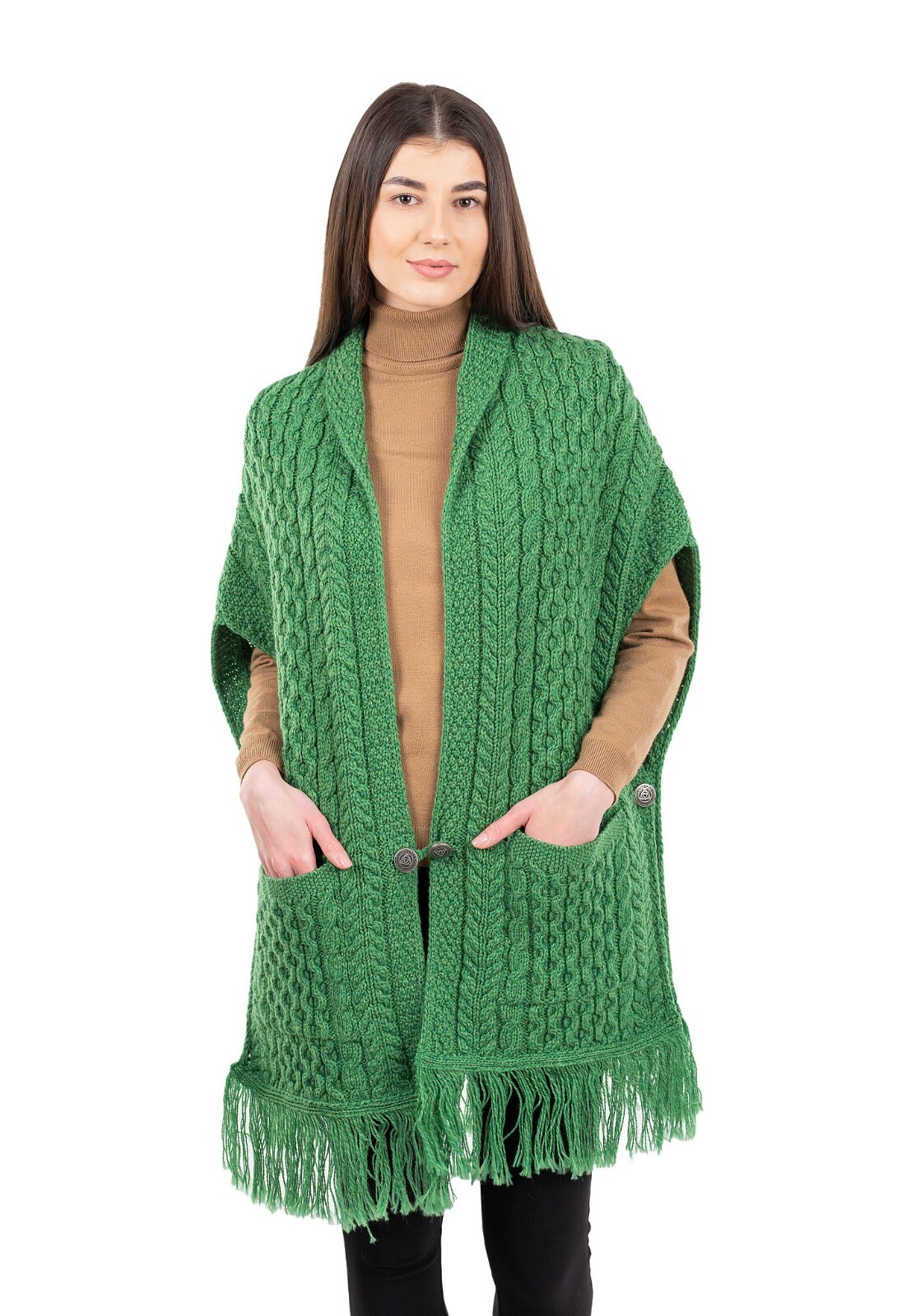 SAOL 100% Merino Wool  Aran Knit Shawl for Women, Irish Cape Cardigan, Pockets