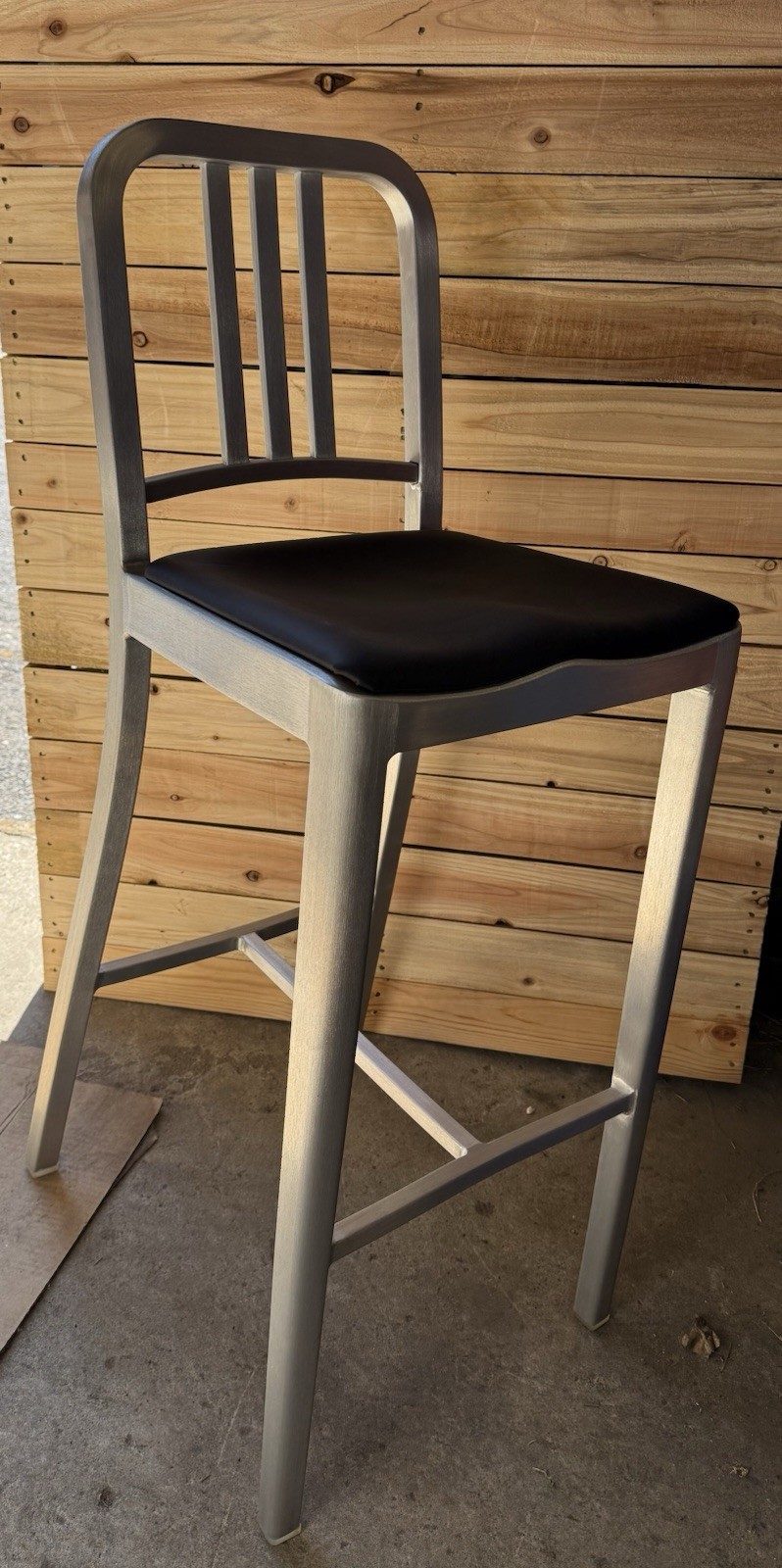 Emeco Navy 1006 Barstools — Brand New, Brushed Aluminum, Black Leather Seat Pad Emeco Navy 1006 Barstools — Brand New, Brushed Aluminum, Black Leather Seat Pad