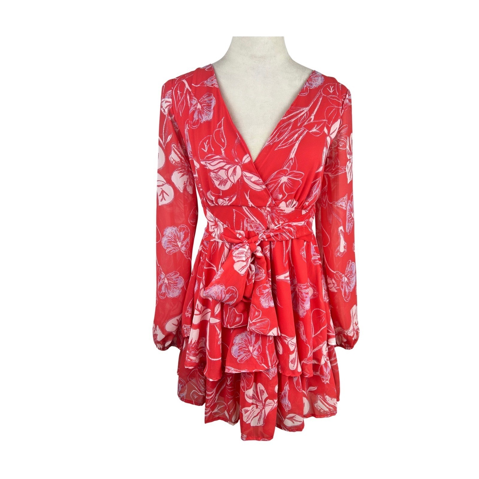 Japna Womens XS Mini Dress Red Floral V-Neck Tiered Ruffle Long Sleeve Boho