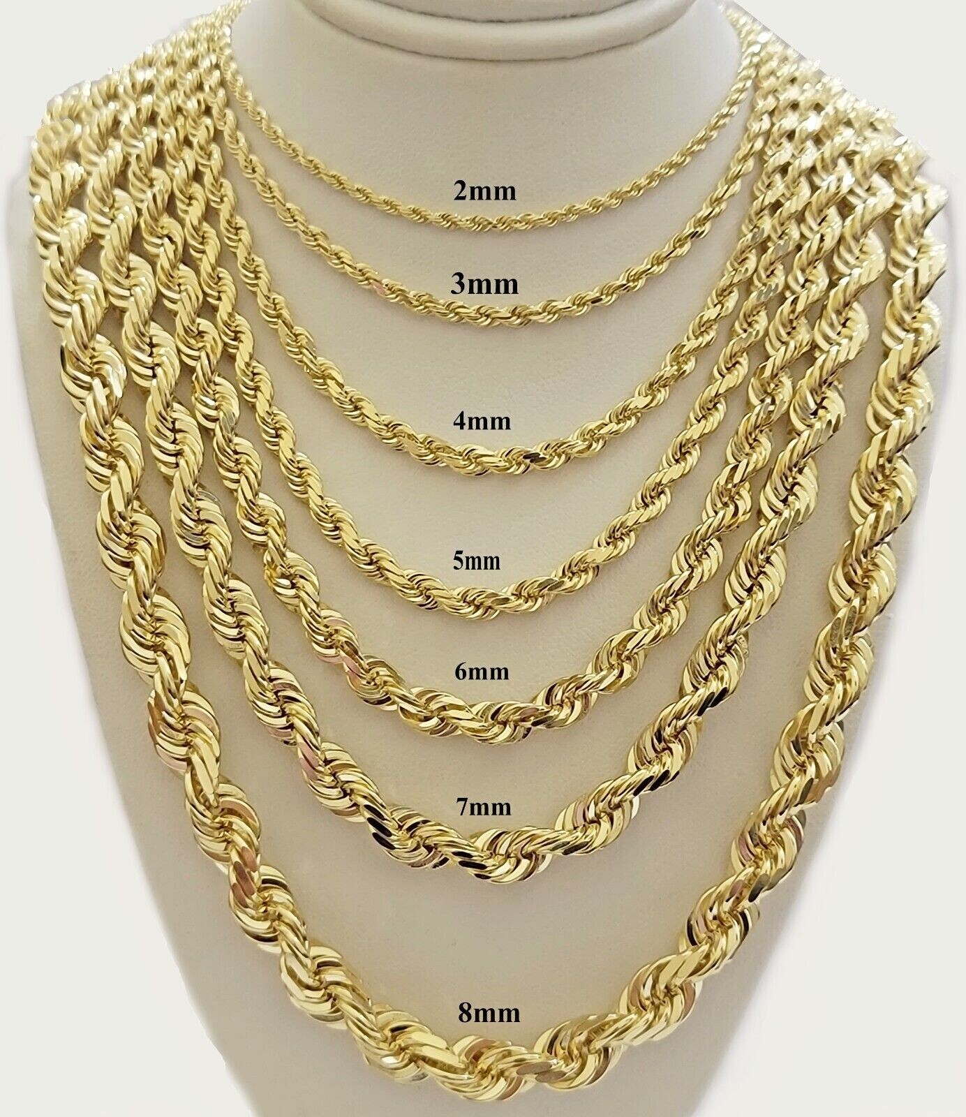Real 14k Yellow Gold Rope Chain Necklace 2mm-10mm 18