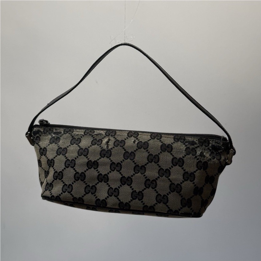 Gucci GG Canvas Zip-Top Small Shoulder Bag Pochette Beige Black