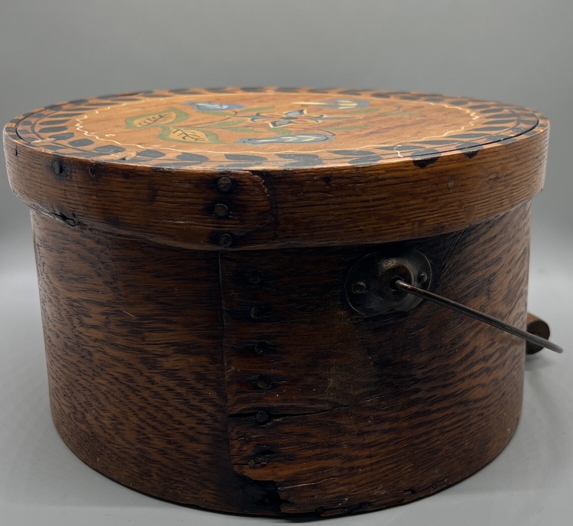 Bentwood handle Box primitive Painted Bent wood pantry swing  Flower 9.5x5.5”