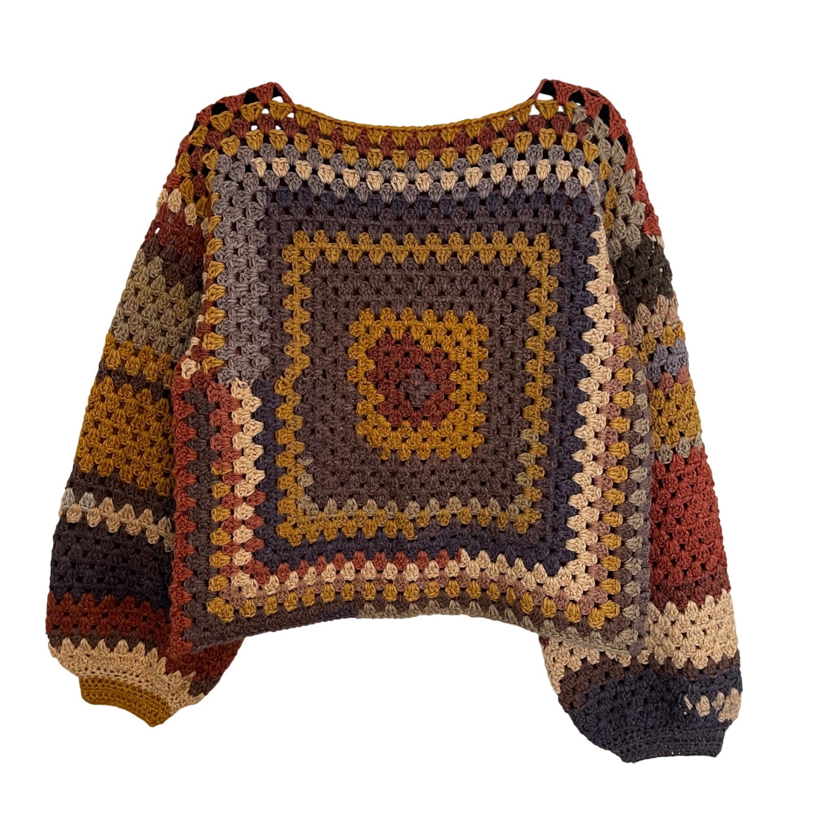 Handmade Granny Square Crochet Sweater Earth Tone Multi Color Boho Boxy Crop