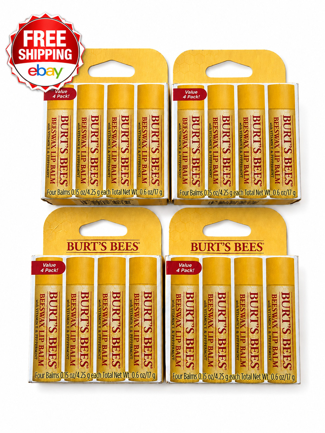 Burt\'s Bees Lot of 4 NEW Beewax Lip Balm With Vitamin E & Peppermint - FREE S&H