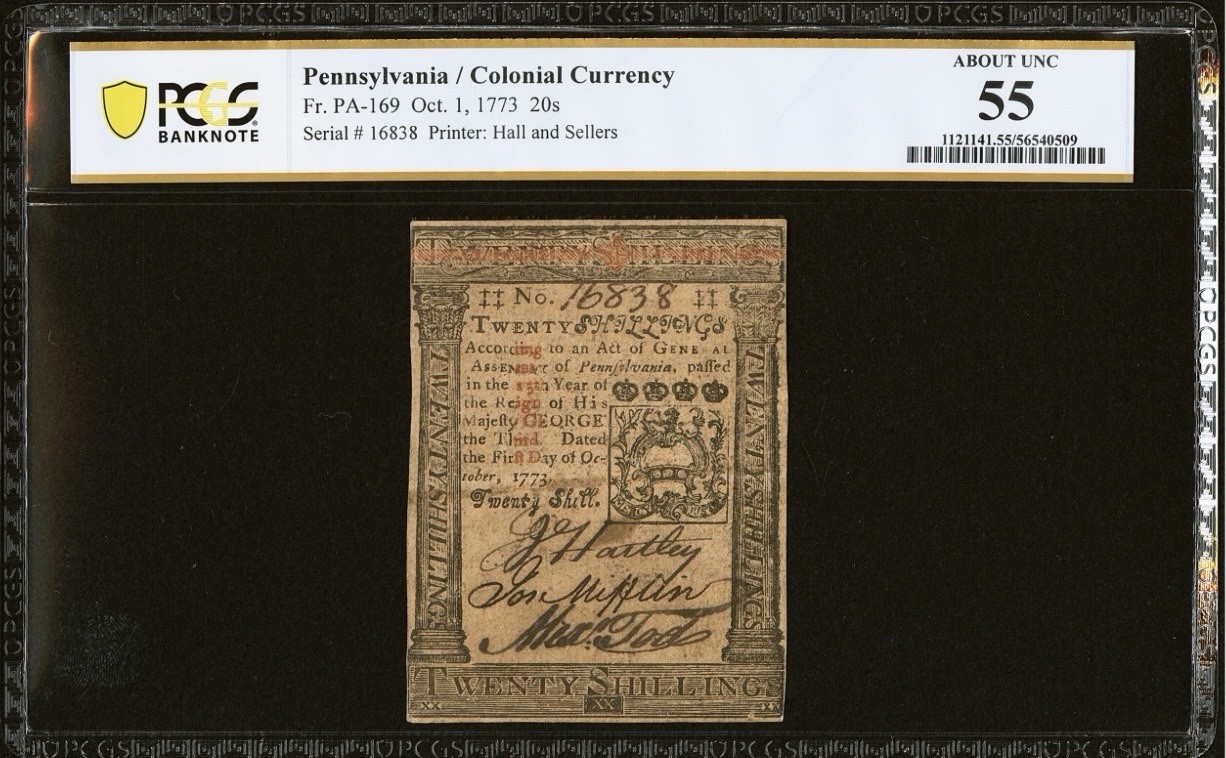 1773 PENNSYLVANIA Colonial Currency American Revolution Bank Note PA-169 PCGS 55 1773 PENNSYLVANIA Colonial Currency American Revolution Bank Note PA-169 PCGS 55
