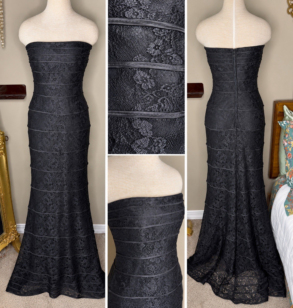 Lillie Rubin Black Strapless Floral Lace Mermaid Long Gown Dress Sz 8 Lillie Rubin Black Strapless Floral Lace Mermaid Long Gown Dress Sz 8