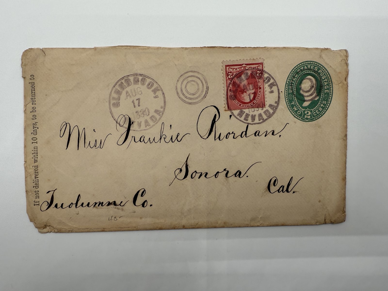 1890 Glenbrook Nevada Lake Tahoe to Sonora Cal Cover 2c Entire +2c Uprated GB137