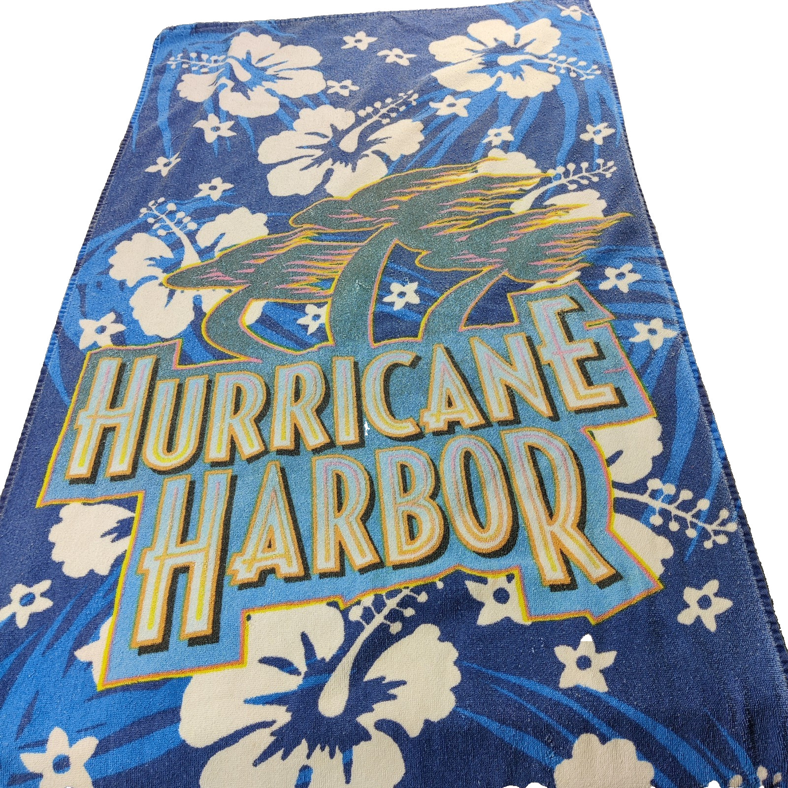 Vtg Six Flags Hurricane Harbor Beach Towel Blue Hibiscus Floral Palm Tree Logo Vtg Six Flags Hurricane Harbor Beach Towel Blue Hibiscus Floral Palm Tree Logo