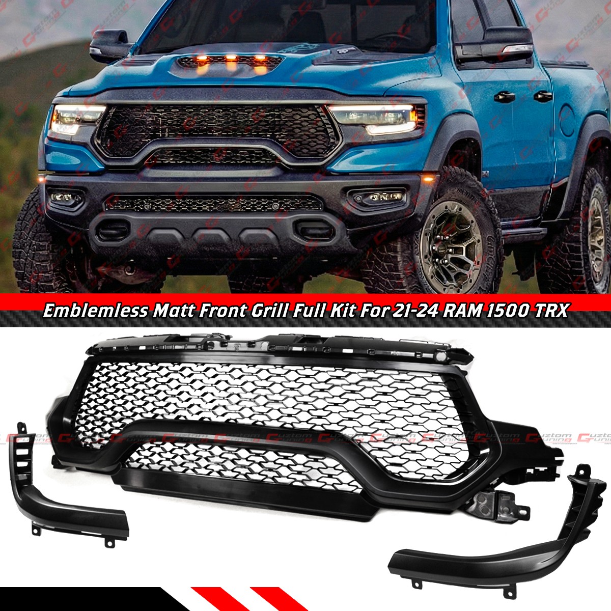 For 21-24 RAM 1500 TRX Emblemless Matte Black Front Upper Grille Replacement Kit
