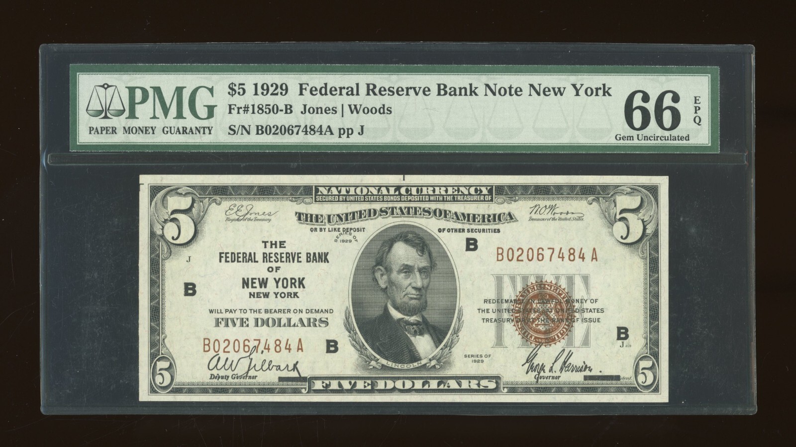 DBR 1929 $5 FRBN New York Gem Fr. 1850-B PMG 66 EPQ Serial B02067484A